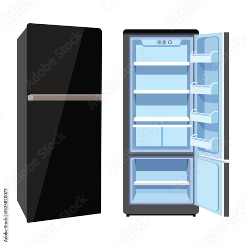Realistic open and closed modern refrigerator mockup with shelves. Empty wide fridge with sensor panel. Home kitchen refrigerator vector set. Electrical freezer for products, fresh food storage