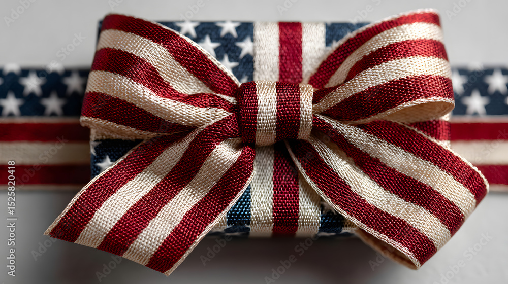 Obraz premium gift box with USA flag ribbon wrapped around, isolated on white background. 4th of July, American Independence Day Celebration. USA national holiday concept