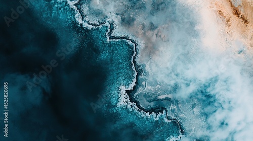 Aerial view of a rugged coastline where deep blue ocean meets sandy, textured shore with striking contrast and abstract natural patterns.