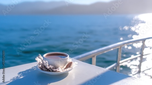 Wallpaper Mural A cup of coffee on a boat deck overlooking the ocean Torontodigital.ca