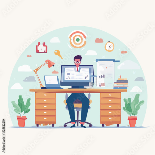 Funny Modern Design Remote Work Desk Setup with Diverse Character's head in computer