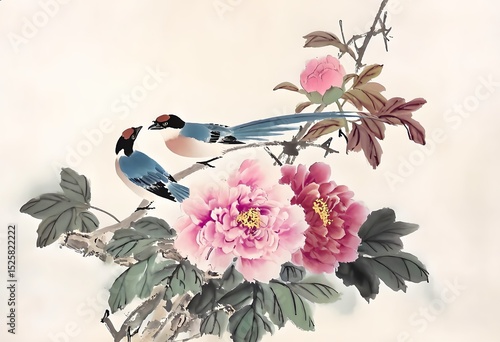 Fototapeta Naklejka Na Ścianę i Meble -  A traditional Chinese painting of two vividly colored birds perched gracefully among peonies. The birds have bright yellow chests, black faces, blue wings, and striking red caps