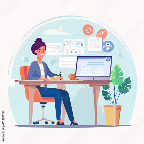 Modern Design Remote Work Desk Setup with Diverse Character