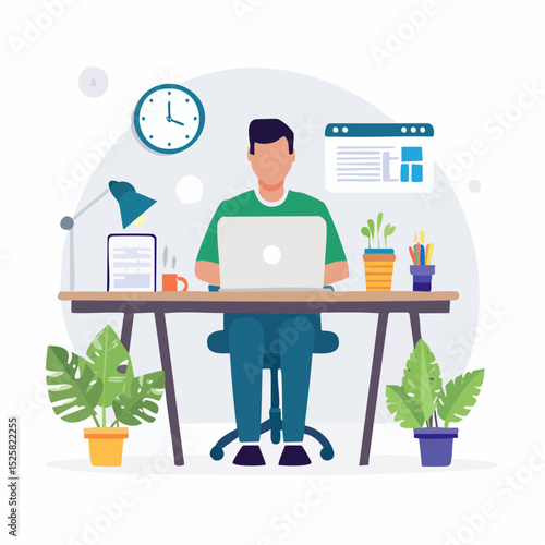 Modern Design Remote Work Desk Setup with Diverse Character