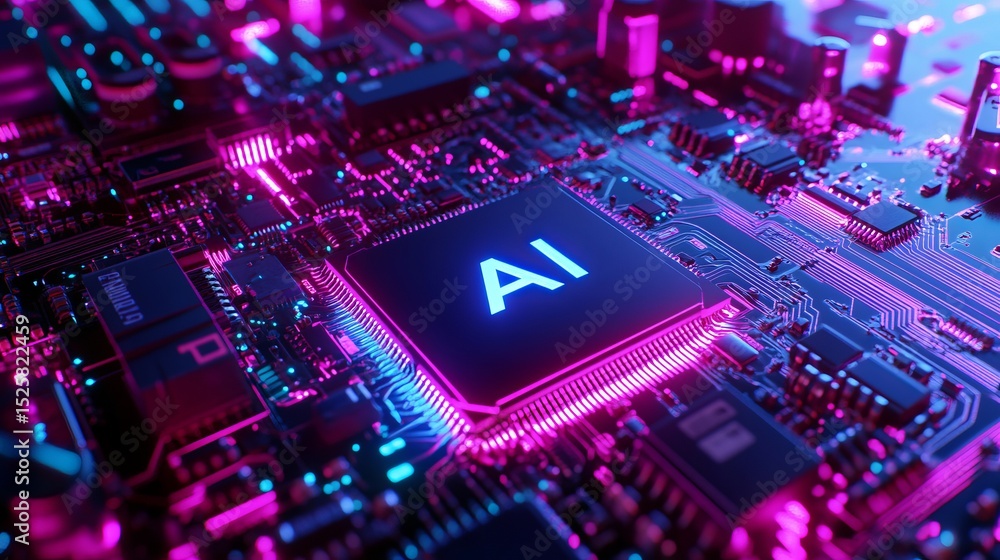 Fototapeta premium Futuristic AI Circuit Board Neon Pink and Blue Glow, Close-up View of Artificial Intelligence Processor