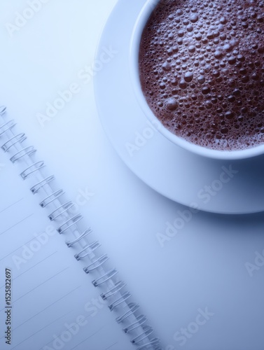 A cup of hot chocolate and notepad
