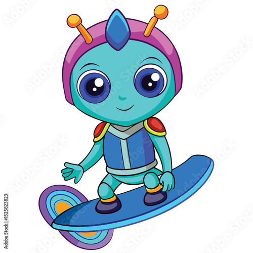Adorable alien cartoon character surfing on a futuristic board