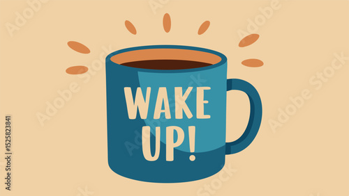 Blue coffee mug with wake up text on a transparent background illustration