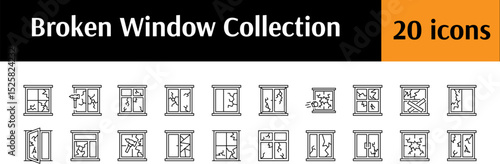 Collection of Broken Window Related Line Icons. Outline Signs for Graphic and Web Design, Apps, Adverts, Various Cards