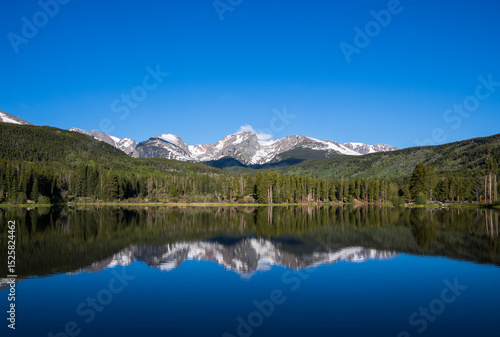 Mountains and Hallet Point reflected in Sprague Lake at Rocky Mountain National Park