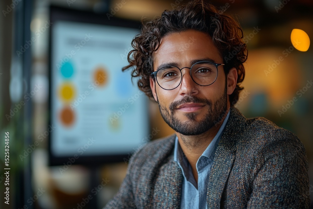 Obraz premium Portrait of a Confident Young Man with Curly Hair and Glasses in a Modern Office Setting