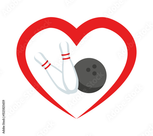 Bowling design with bowling ball and pins inside the heart icon