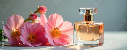 A close-up shot of a perfume bottle with a delicate floral arrangement beside it, capturing the essence of a fragrant scent , amber, fragrance