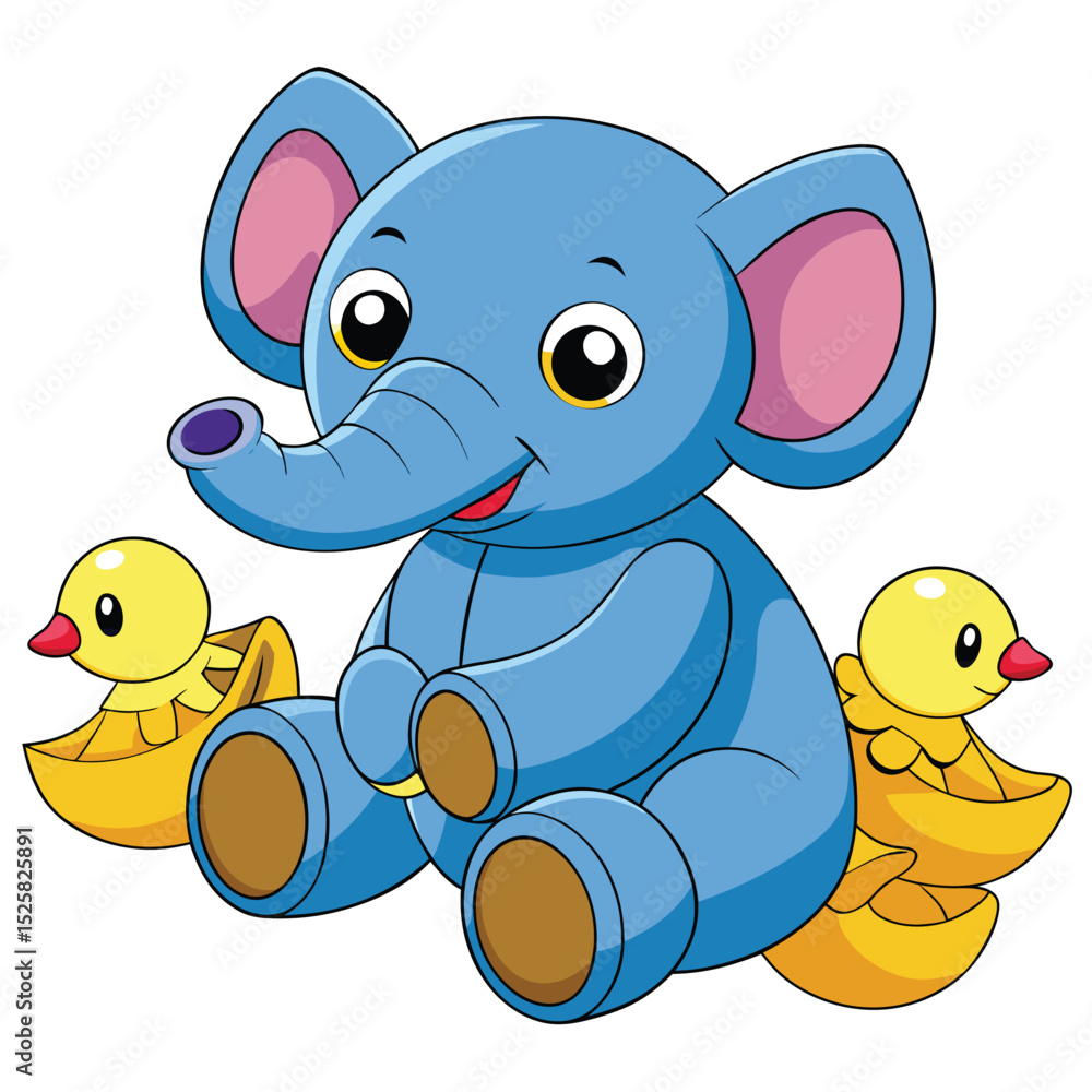 Obraz premium Adorable blue elephant with yellow ducklings cartoon illustration