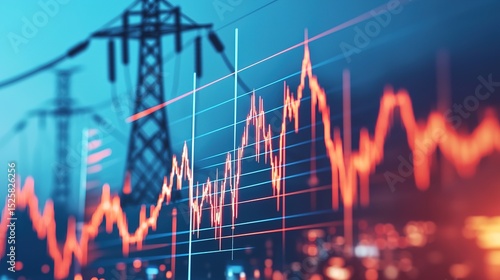 Electricity pylons with a fluctuating financial graph overlay, symbolizing energy market trends and power industry analytics.