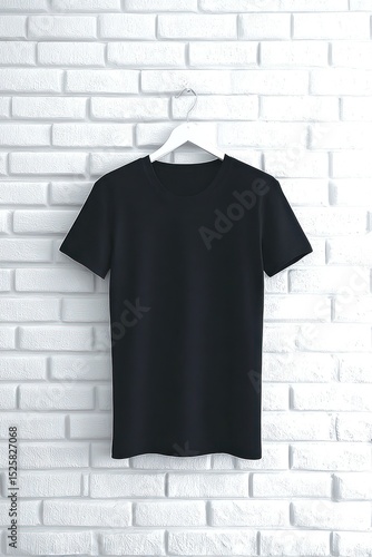 A dark navy blue t-shirt hangs on a white hanger against a white brick wall