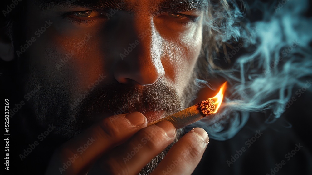 Fototapeta premium Close-up of a bearded man with intense expression smoking a lit cigar with glowing ember surrounded by swirling smoke in a dark setting