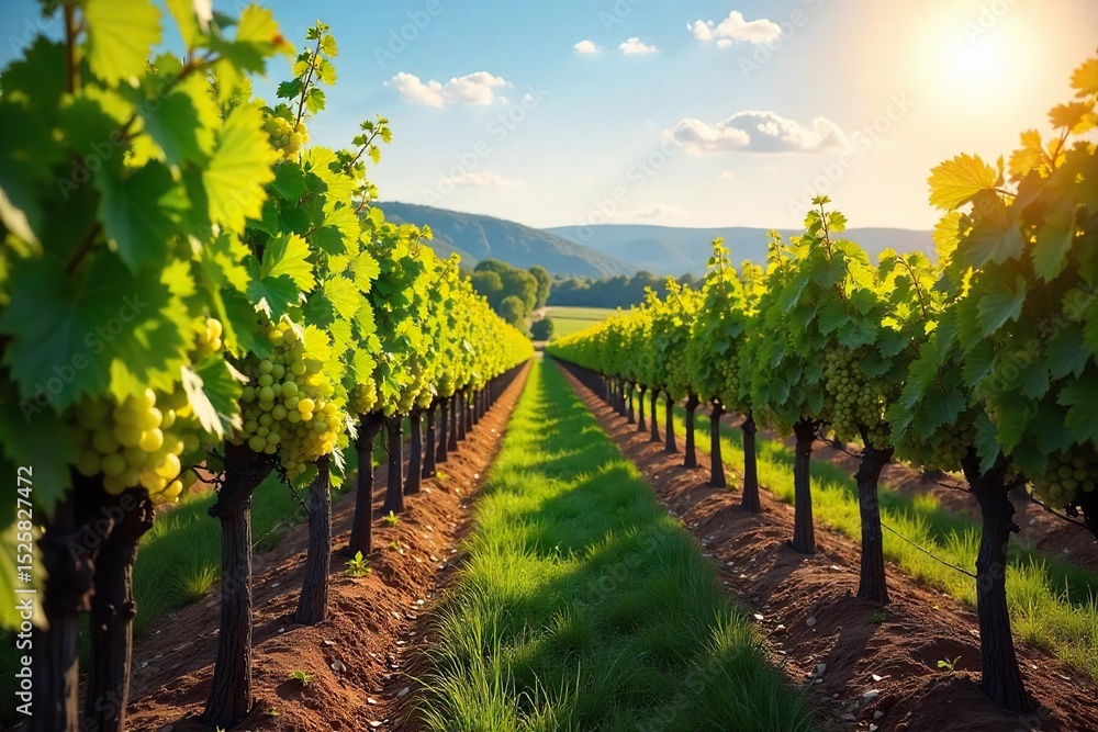 Naklejka premium Sun-drenched vineyard rows stretching to the horizon, lush green vines heavy with ripening grapes, ready for harvest A picturesque autumn scene , harvest, idyllic
