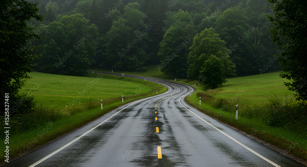 Fototapeta premium Winding Road Through Lush Green Fields on a Rainy Day