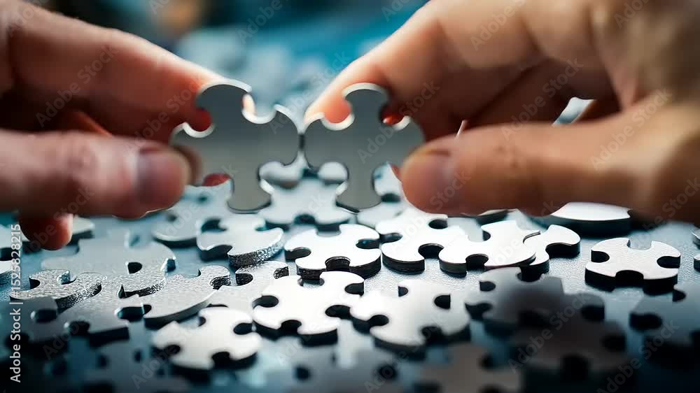 Hands assembling puzzle pieces on a textured surface Hands assembling puzzle pieces on a textured surface