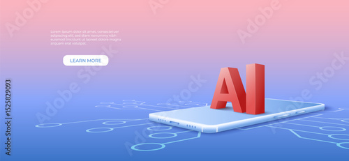 3D artificial intelligence with circuit electric background. Digital futuristic big data visualization and machine learning. vector banner art illustration