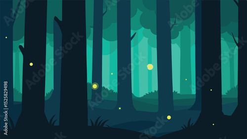 Evening forest scene with fireflies glowing in a dark mysterious woodland