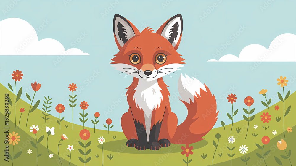 Fototapeta premium Flat Design Illustration of a Red Fox Sitting in a Colorful Wildflower Field Under a Soft Blue Sky