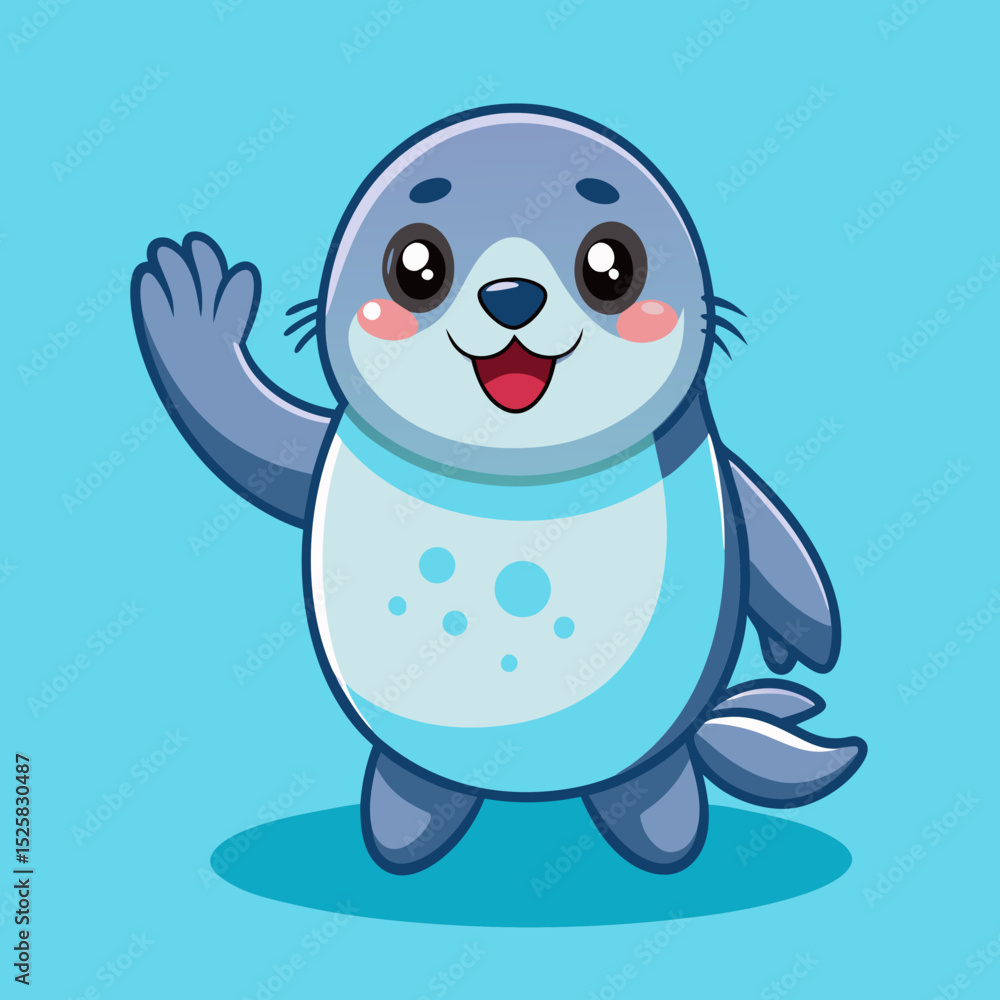 Obraz premium Adorable cartoon seal waving hello transparent background