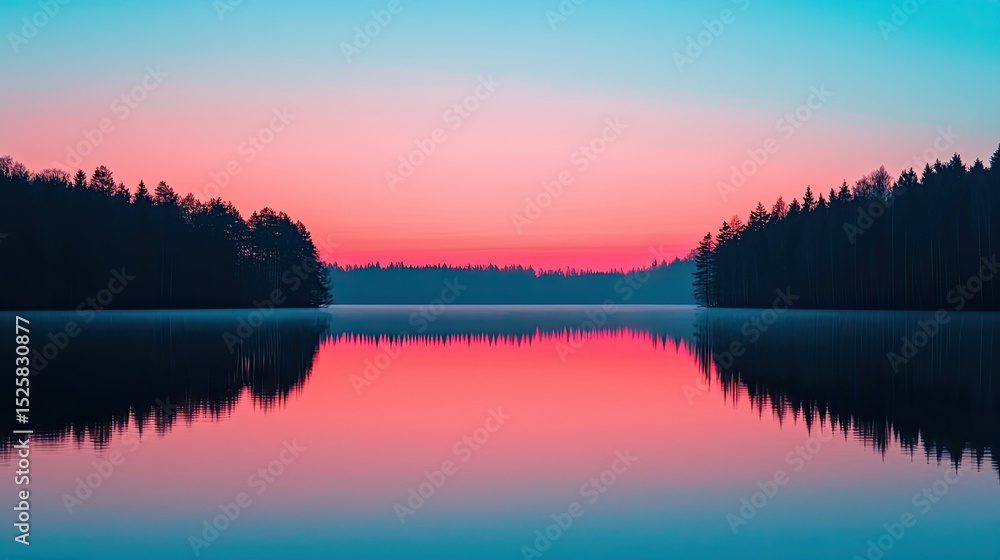 Fototapeta premium Tranquil Sunset Over Serene Lake and Forest Reflections