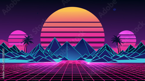 Retro synthwave sunset landscape, isolated design element