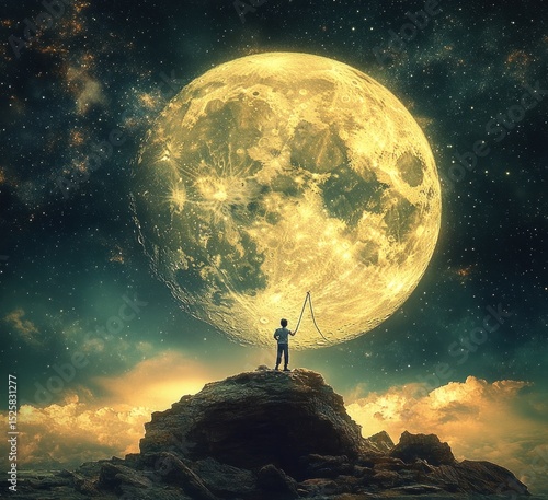 A silhouetted child standing on a rocky hilltop holding a rope attached to an enormous glowing full moon in a starry night sky with clouds illuminated below