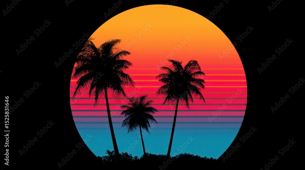 Naklejka premium Palm trees sunset circle graphic design