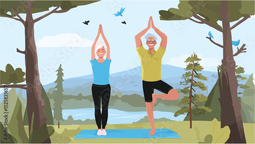 Senior couple practicing yoga outdoors in nature surrounded by trees and mountains