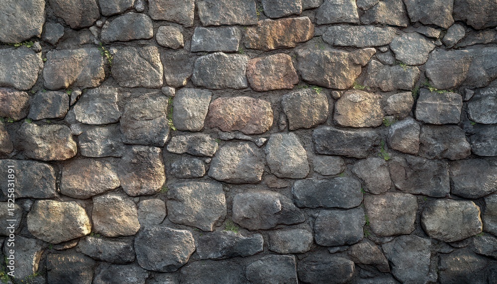 Close-up view of a rustic stone wall with irregularly shaped stones and subtle natural lighting Close-up view of a rustic stone wall with irregularly shaped stones and subtle natural lighting