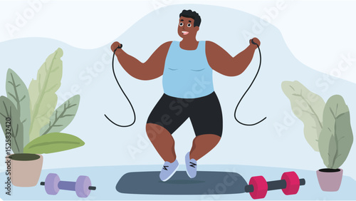 Overweight man happily skipping rope for fitness on a mat surrounded by plants indoors