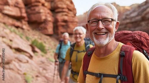 Smiling seniors hike through a scenic red rock canyon, enjoying an outdoor adventure together.