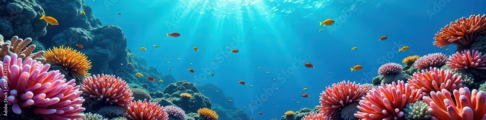 Fototapeta premium Vibrant coral reef teeming with diverse, colorful fish , vibrant, blue, tropical