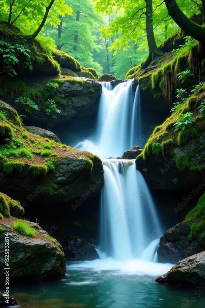 Fototapeta premium Serene waterfall cascades over mossy rocks, lush green forest backdrop, mobile, nature, forest