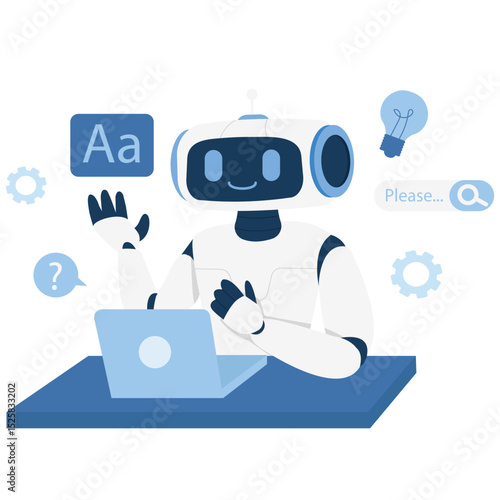 Generate AI Activity Illustation. Vector illustration of A smiling robot assisting in text generation and writing tasks with AI-powered tools. Isolated on background