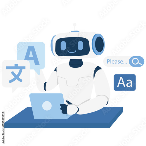 Generate AI Activity Illustation. Vector illustration of A robot with language bubbles translating text between multiple languages using AI. Isolated on background