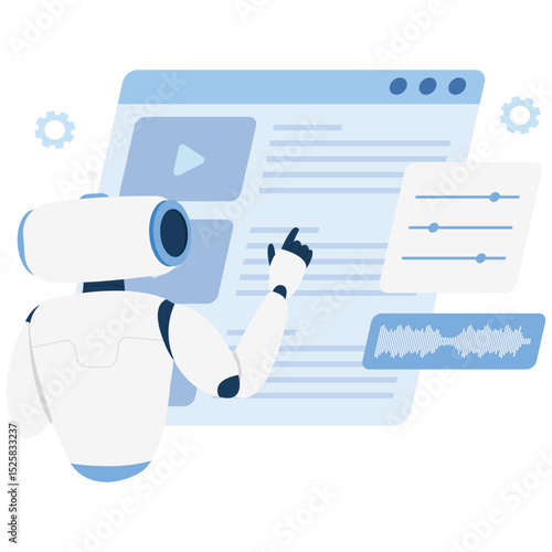 Generate AI Activity Illustation. Vector illustration of A robot converting voice commands into readable text content through AI software. Isolated on background