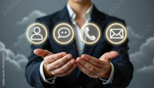 Business professional in suit holds out hands with glowing icons representing contact options, including person, chat, phone, and email, conveying sense of connectivity and communication