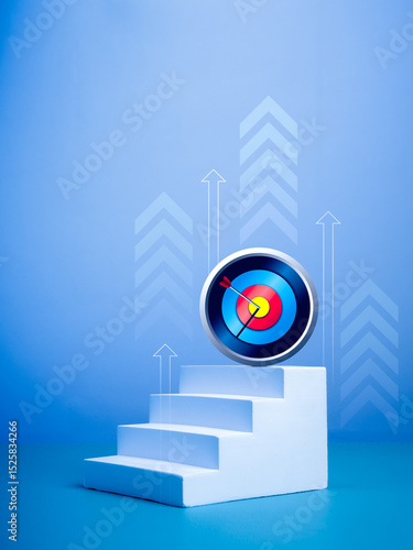 Market growth, investment goal, financial technology, business achievement concept. Modern 3d chrome target dart icon on top of white staircase steps with rising arrows on blue vertical background.