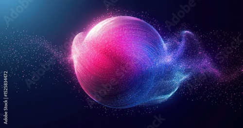 Futuristic glowing sphere with dynamic swirling lines and particles emitting vibrant pink and blue light in a dark space background