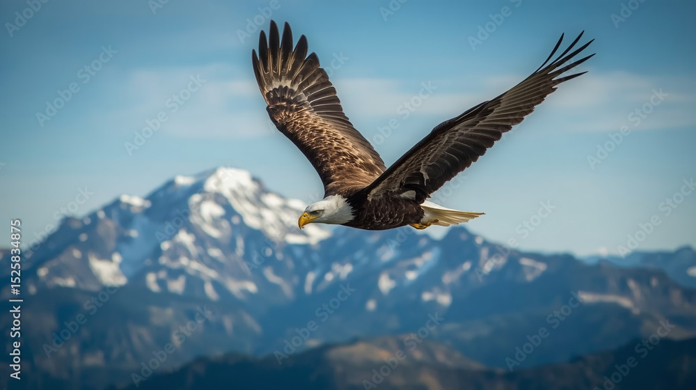 Obraz premium Soaring Bald Eagle Over Mountain Peaks