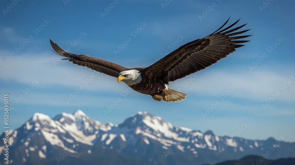 Naklejka premium Soaring Bald Eagle Over Mountain Peaks