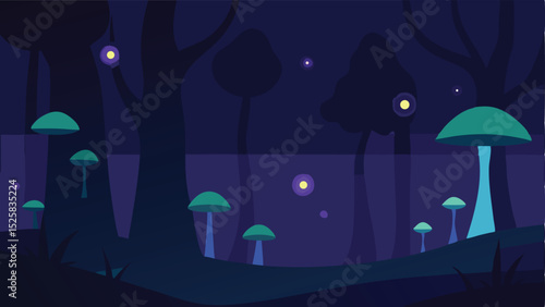 Silhouette of dark woods with glowing mushrooms in a mystical nighttime forest scene
