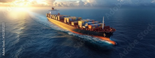 Large cargo ship carrying colorful shipping containers sailing on calm ocean at sunset under partly cloudy sky © Tatyana