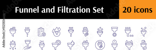 Collection of Icons of Filter Drawn with Thin Line for Graphics, Cards, Web Sites, Apps