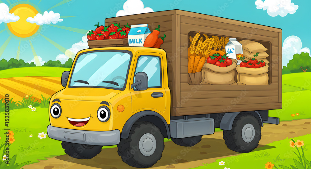 Fototapeta premium Cartoon yellow delivery truck loaded with fresh vegetables and fruits. Represents food delivery, agriculture, or healthy produce transport. Vibrant and fresh. 